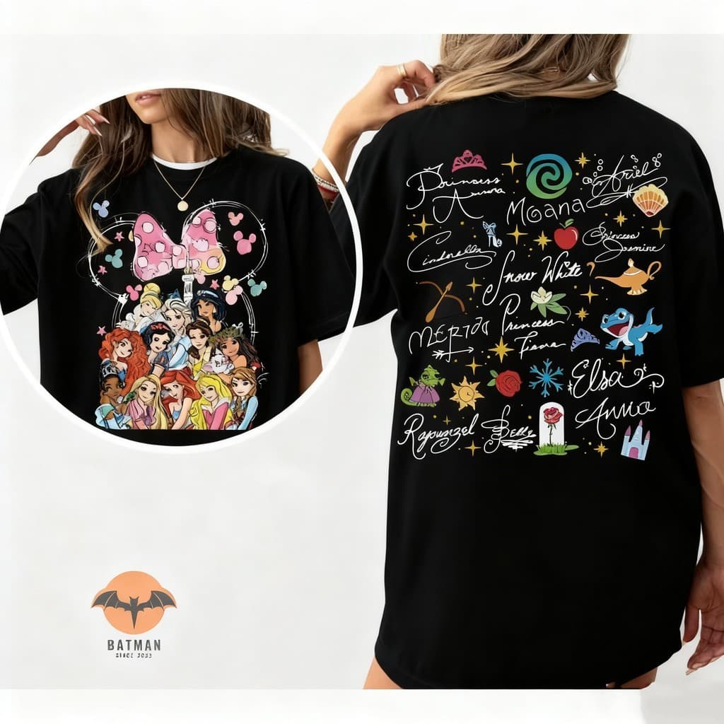 2025 Camiseta Unisex, Print Duplo de Princesas Disney com Elementos Minnie, Moda Urbana Disney
