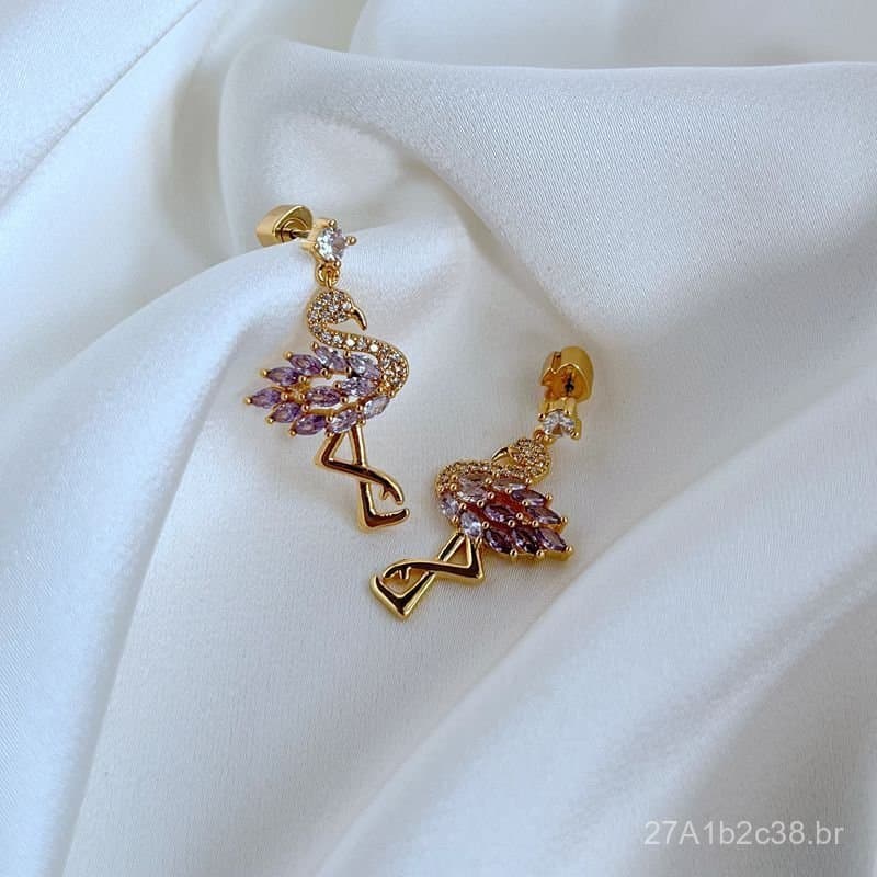 Brincos de flamingo coloridos com zircônia, banhados a ouro 18K, estilo luxuoso, com pinos de prata S925, brincos de ped