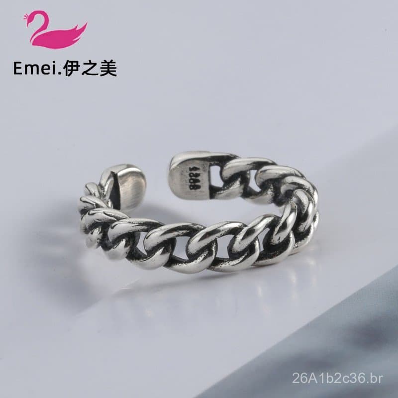 Joias de prata tailandesas de moda coreana, anel de corrente vintage personalizado, anel artístico de estilo aberto.