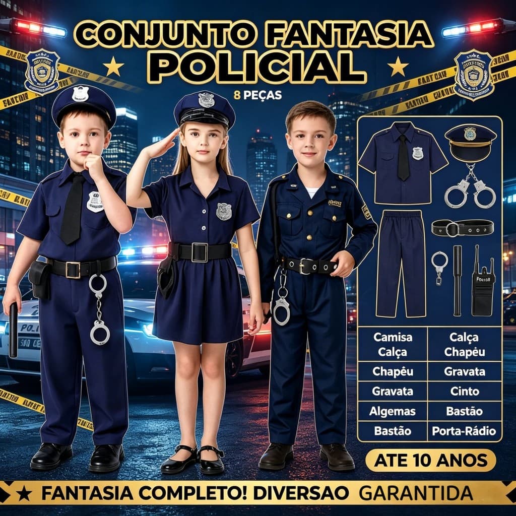 Fantasia Cosplay Policial Crianças Uniforme Policial Com Completa 90CM-130CM