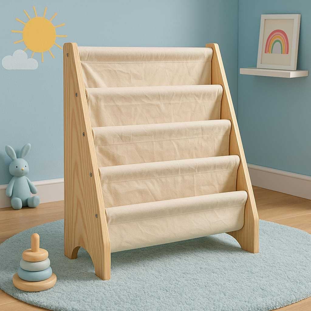 Estante Livreiro  Infantil – Rack Montessoriano Porta Livros Organizador Tecido e Madeira com 8 Livros Incluso
