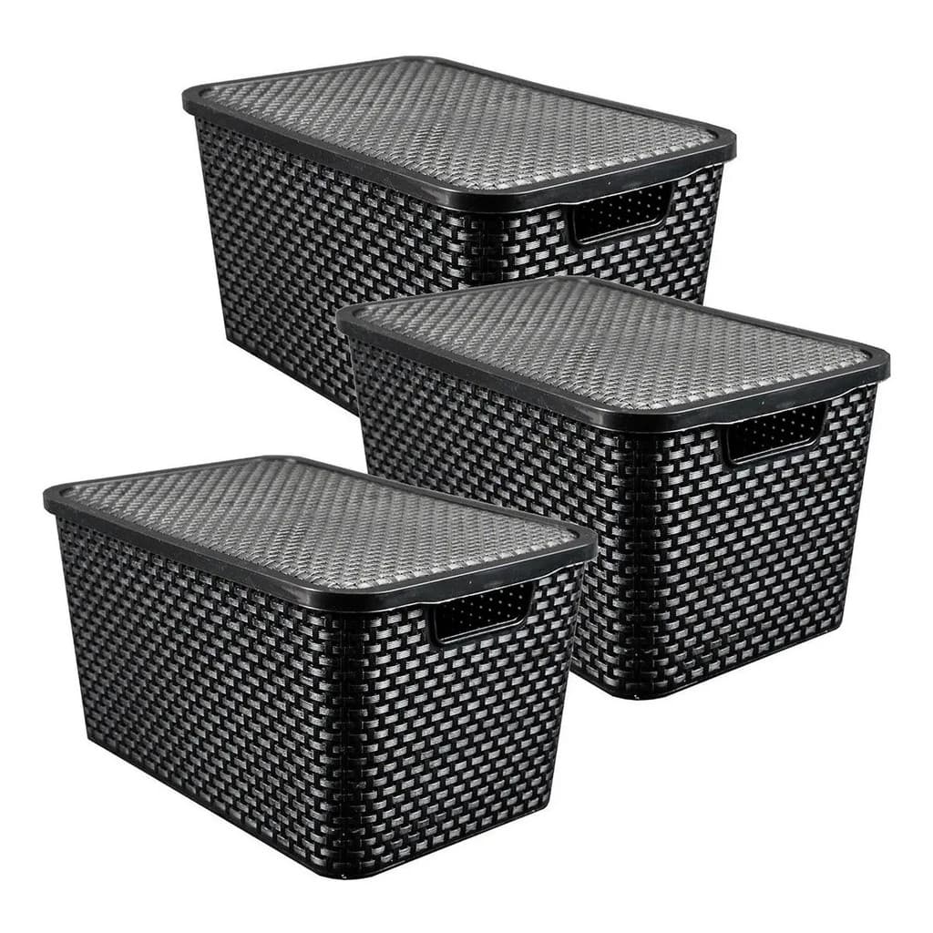 Caixas Organizadora Rattan 7 Litros C/ Tampa Preta Kit 3 Pçs Arqplast Preto