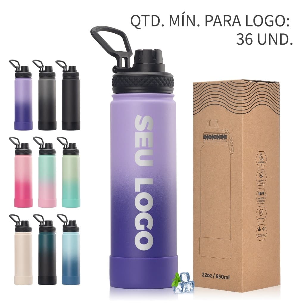 Garrafa Térmica Personalizável 22oz - À Prova de Vazamento, 9 Cores, Custom Logo (Mín 36)