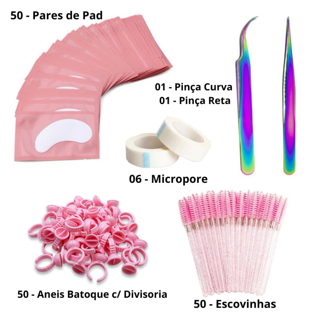 Kit Alongamento de Cílios - 50 Pares Pads, 50 Anéis Batoque, 50 Escovinhas Descartáveis, 06 Micropore, 02 Pinças
