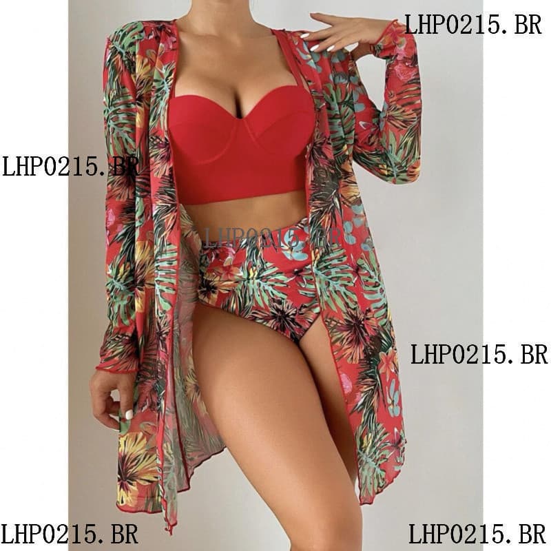 Fato de Moda Feminino Cintura Alta 3 peças de praia Impressão Cinto de Biquíni