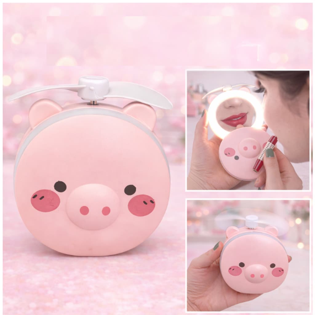 Espelho de Maquiagem LED Portátil com Ventilador USB  Recarregável Fofo Porquinho Rosa  Kawaii Fofo