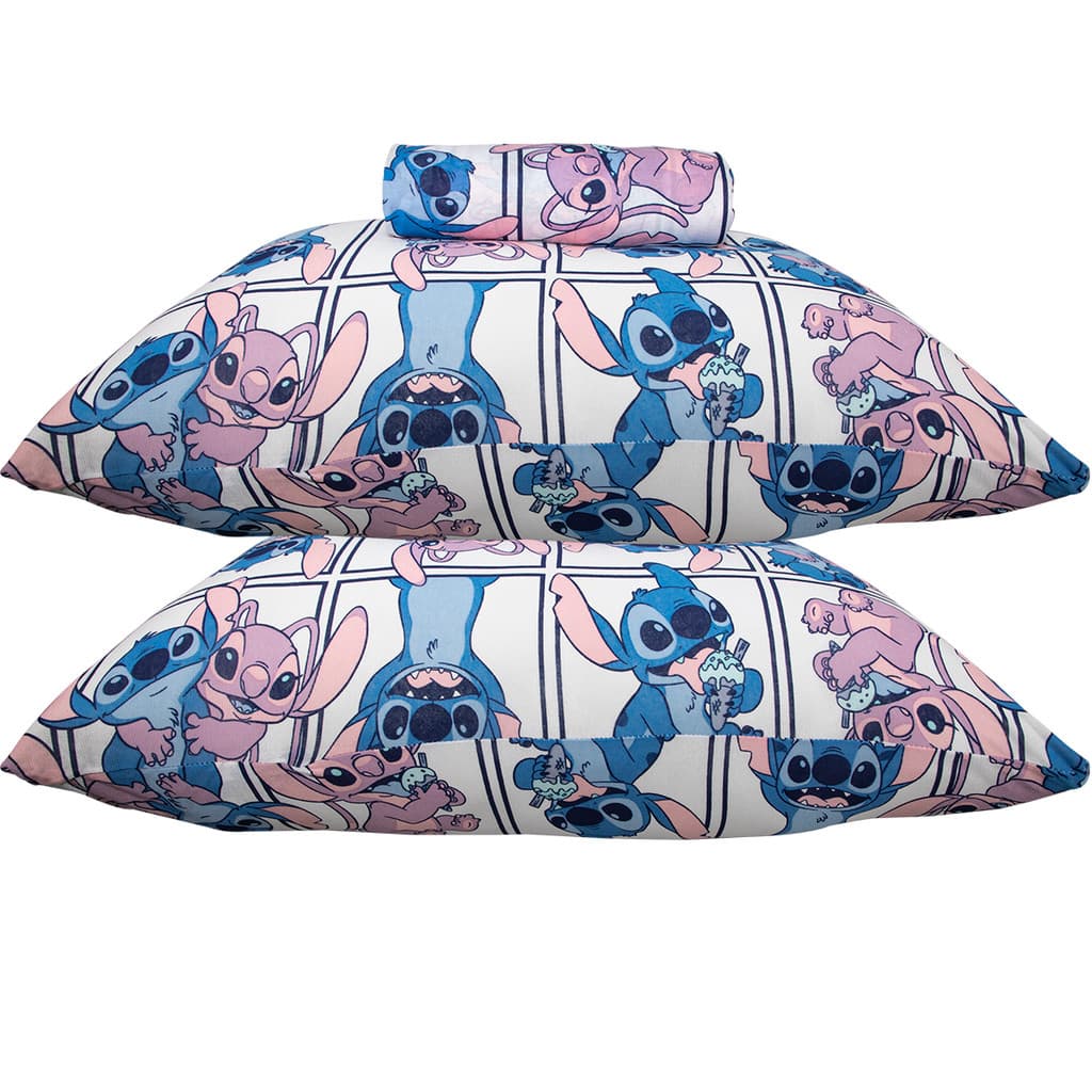 Jogo de Lençol KazzaVip Casal Malha Mista 70% Algodão e 30% Poliéster Estampado Disney Stitch Quadros Kids 3 Peças Lilas