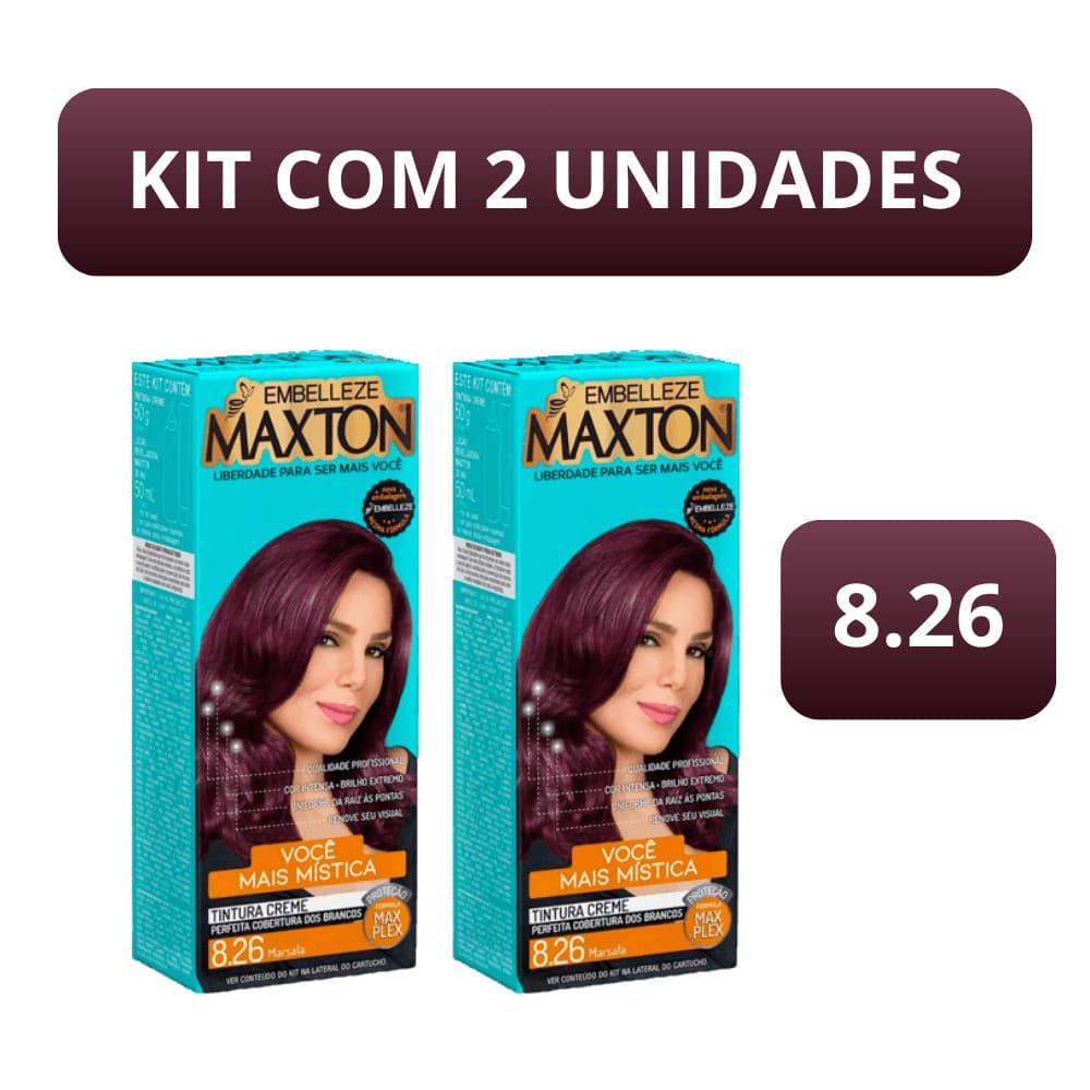 Kit c/2 Tintura de Cabelo Maxton 8.26 Marsala em Creme– Cor Intensa, Brilho e Cobertura Perfeita