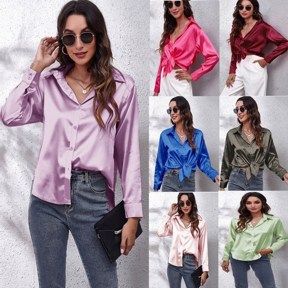 Blusa Feminina Com Manga Comprida , Tops Lisos De Cetim , Botão De Lapela , Camisa Elegante , Camisas Básicas