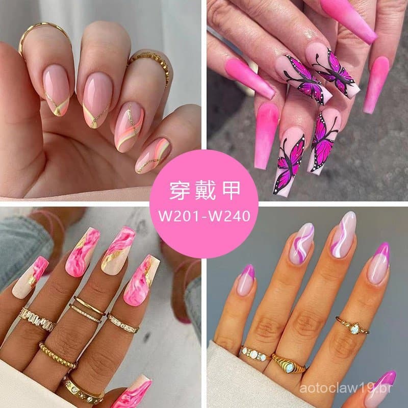 Unhas postiças estilo importado, conjunto de 24 peças, unhas de manicure estilo anos 2000, unhas postiças estilo europeu