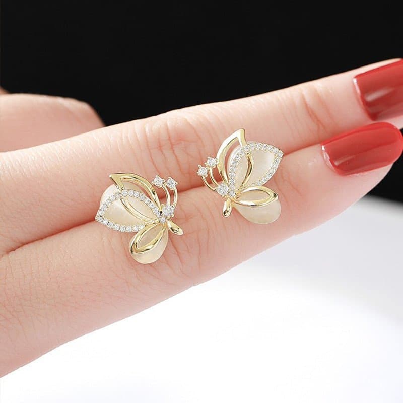 Brincos de prata 925 com borboleta e pedra olho de gato para mulheres, brincos de alta qualidade e elegantes, design exc