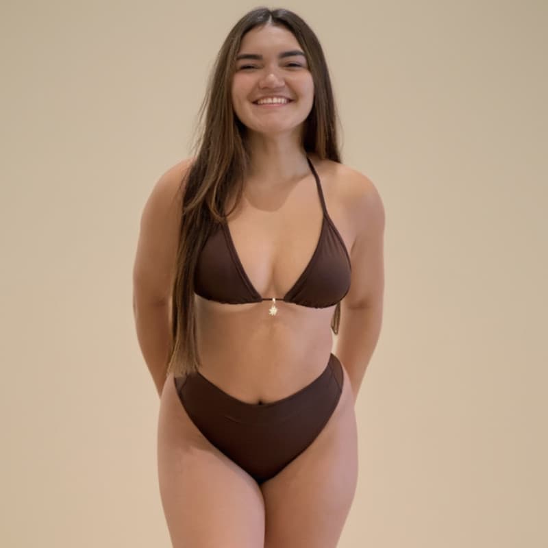 Conjunto Biquíni Marrom Cortininha Feminino com Bojo Removível Cintura Alta Calcinha Modeladora Luxo