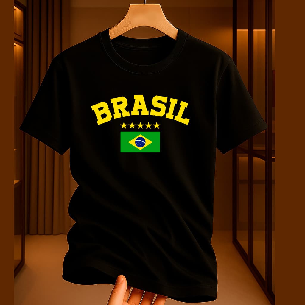 Camiseta 100% Algodão  Infantil Premium Macia Confortável Brasil Hexa Uso Diário Gola Redonda Alta qualidade Preta