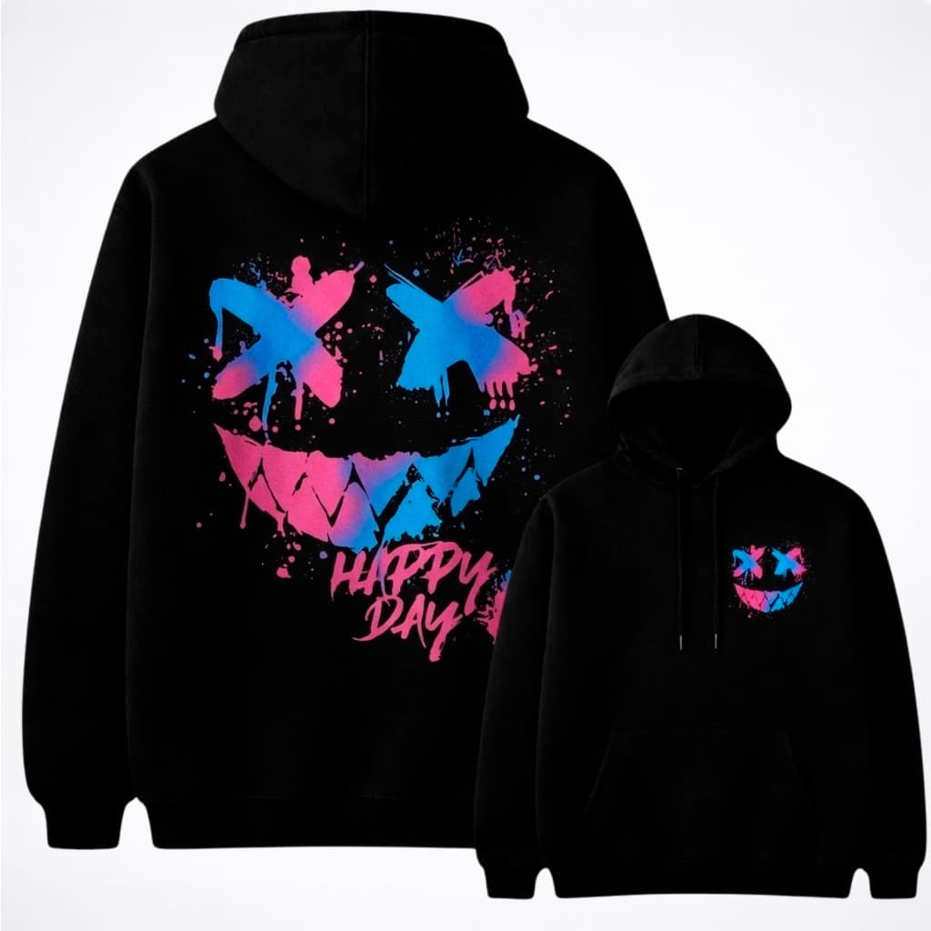 Blusa Moletom Smile Face Unissex Versátil Casaco Estampado Capuz Streetwear Neon Oversized
