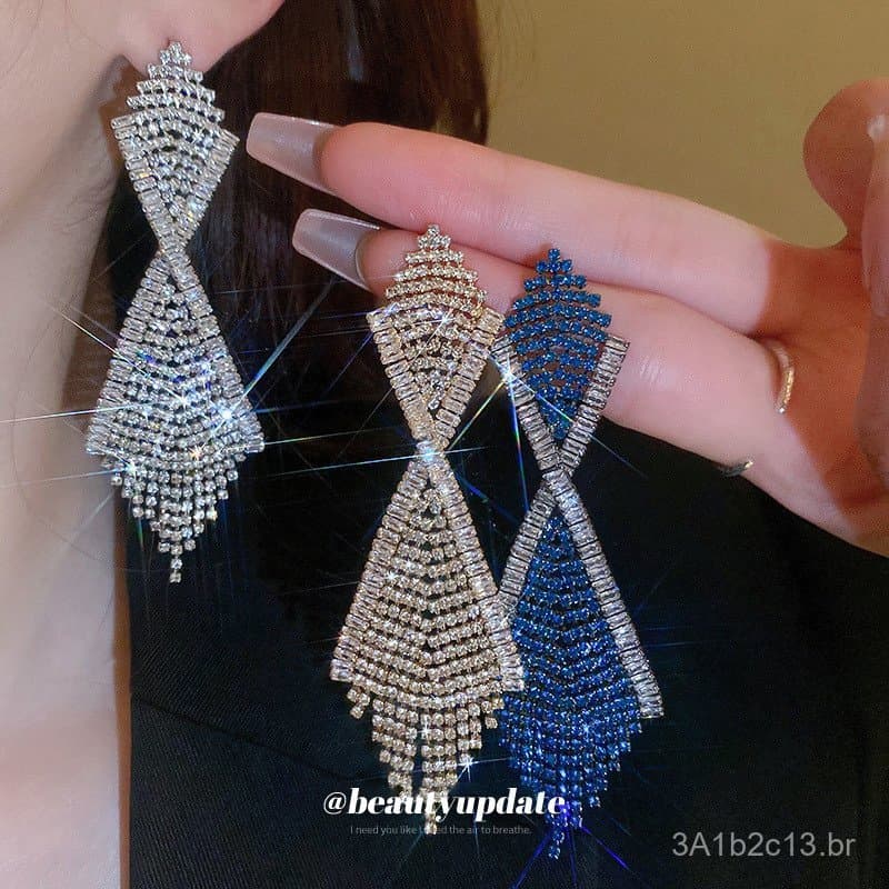 Brincos longos com borla e corrente cravejada de diamantes, estilo agulha de prata, brincos criativos exagerados europeu