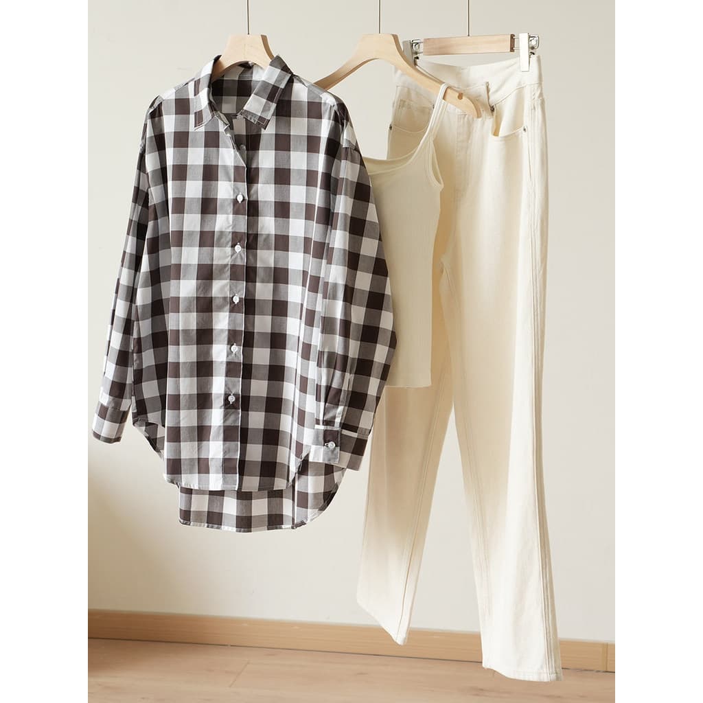Extra senhoras camisa de algodão puro Retro grande xadrez camisa de manga comprida versão solta jaqueta primavera outono