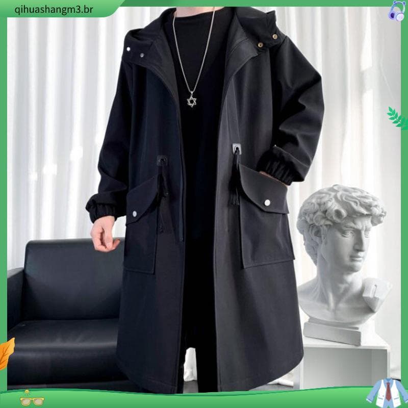 Casaco Trench Masculino Com Capuz Solto Comprimento Médio Bolsos Grandes Manga Comprida À Prova De Vento Cor Sólida Fech