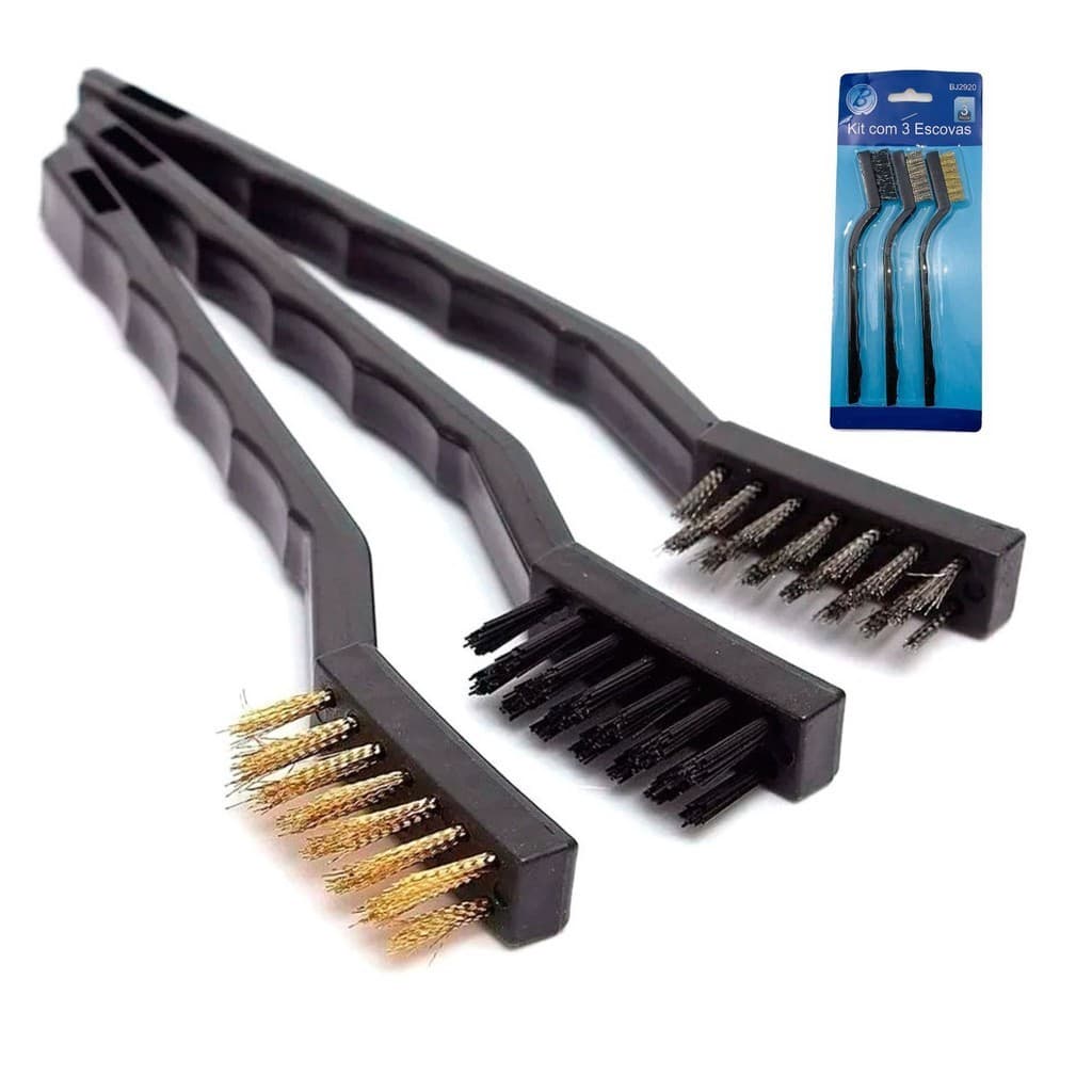Kit 3 Escovas de Aço Multiuso  Aço Latão Nylon Cabo Plástico