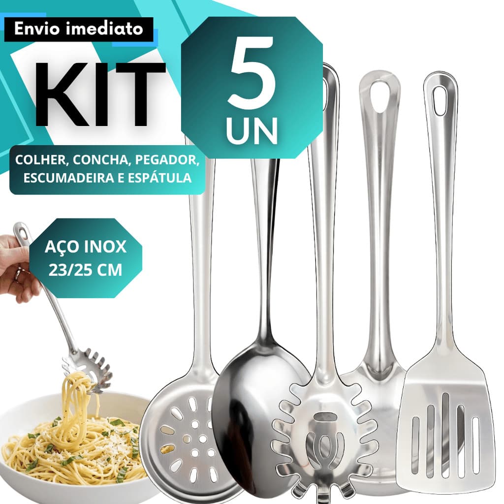 Conjunto 5P Aço Inox Colher Concha Pegador Escumadeira e Espátula Vazada Restaurante Buffet Self Service Dia a Dia
