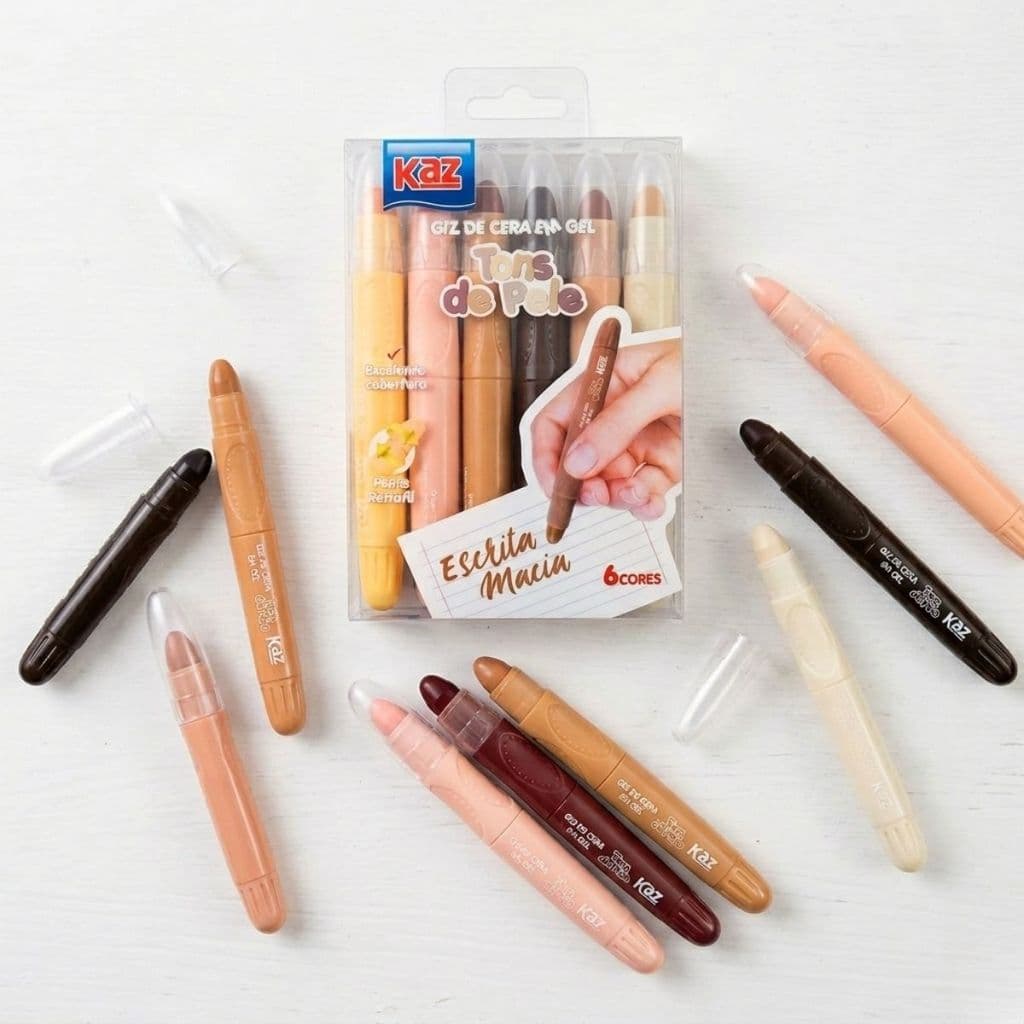 Kit Canetinha Retrátil Tons de Pele 6 Cores Giz de Cera em Gel Escrita Macia Kaz