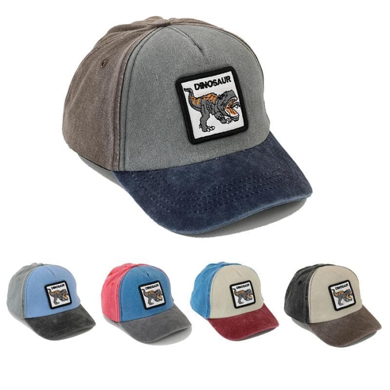 Boné de Sol de Denim Lavado para Crianças, Meninos e Meninas, com Bordado de Dinossauro em Estilo Cartoon, Boné de Beise