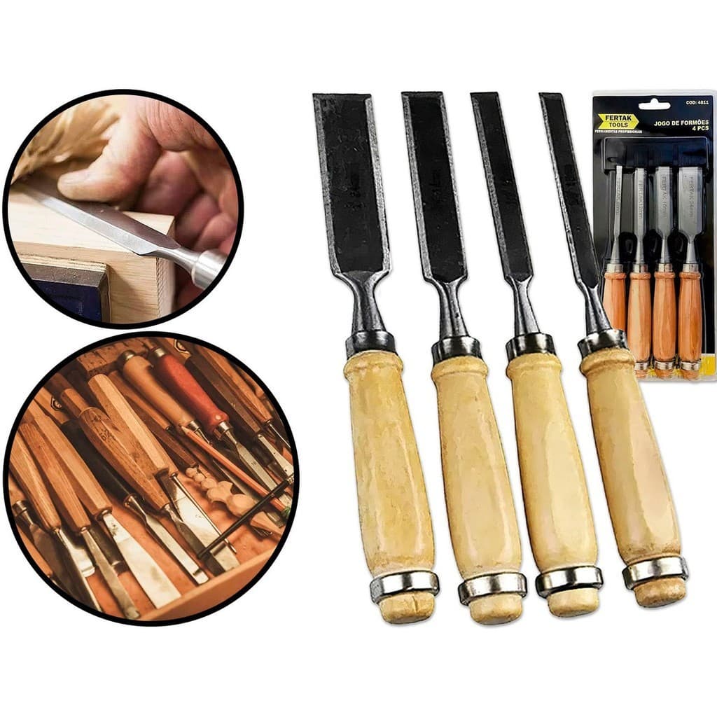 Kit Jogo Formão Profissional Entalhar Esculpir Madeira 4 Pçs
