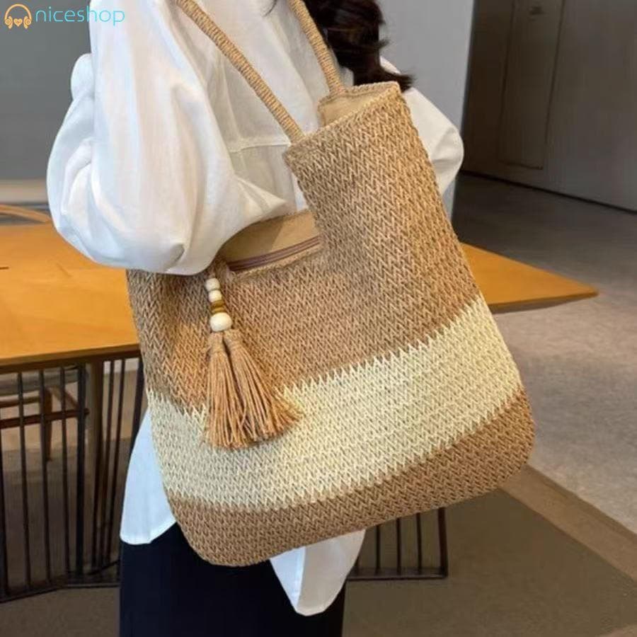 Sacola De Palha Tecida À Mão Para Mulheres – Bolsa De Ombro De Praia De Viagem De Grande Capacidade Com Borla