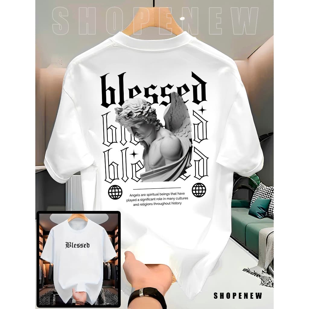 Camiseta Masculina de Algodão Blessed Angels Estilo Streetwear