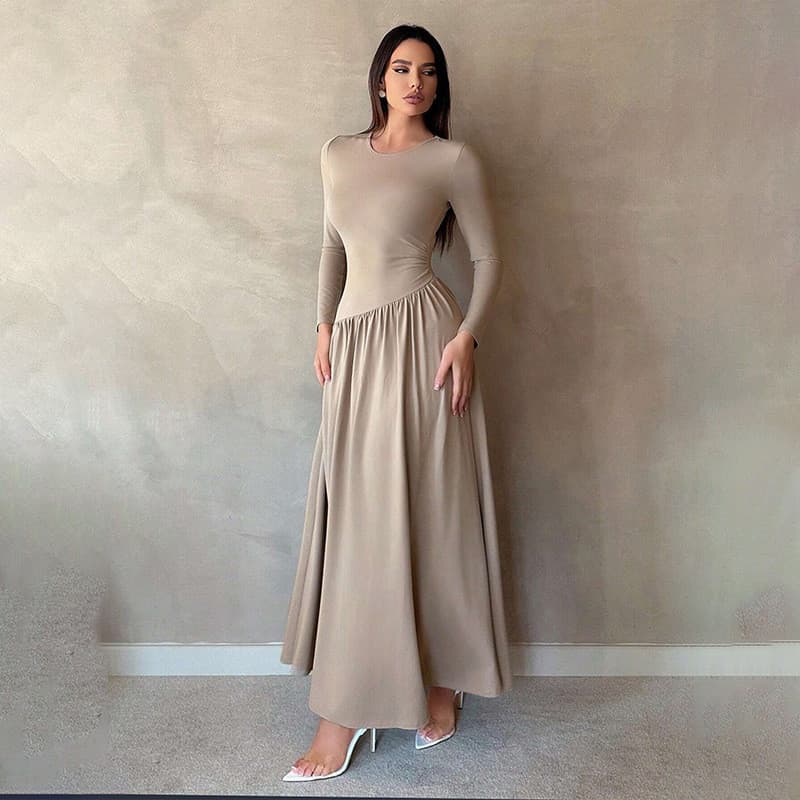 Vestido Feminino de Cor Sólida, Moda 2025, Vestido Longo para o Dia a Dia, Estilo Outono com Pregas Elegantes.