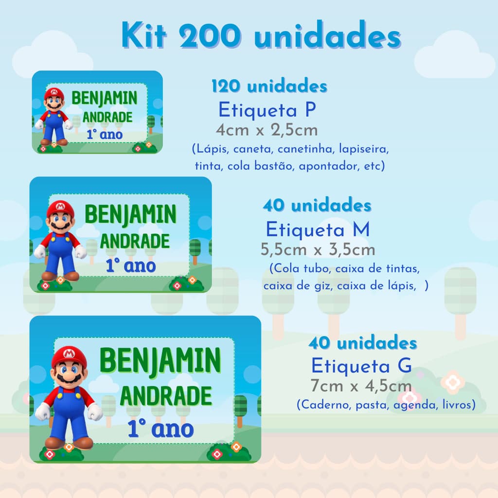 Etiquetas Escolares Super Mario Bros | Volta às Aulas | Material Escolar | Etiqueta para Lápis Caneta Caderno