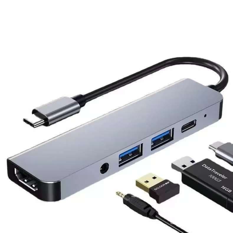 Estação de acoplamento Type-C 5 em 1 com saída de áudio, saída de vídeo HDMI, divisor USB e hub.