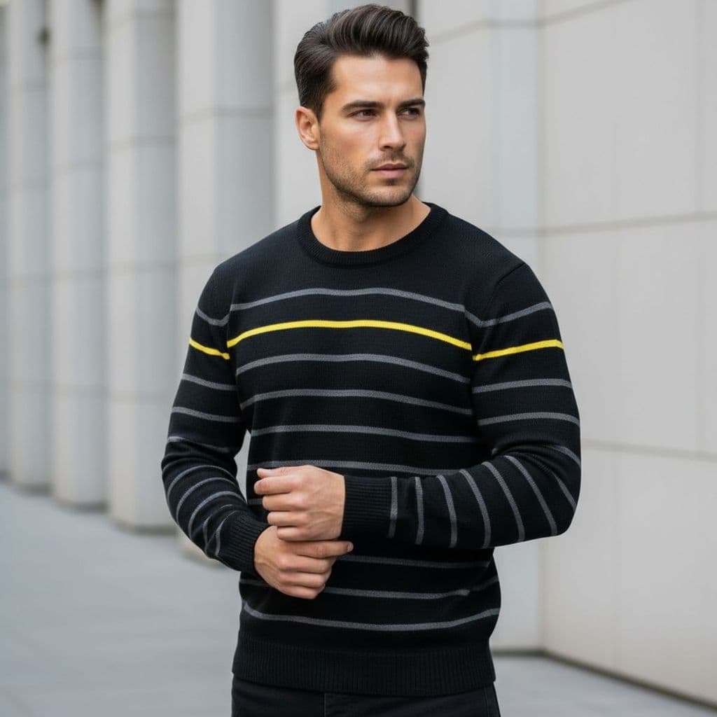 Suéter Masculino Listrado Blusa Manga Longa Casual Inverno Casaco Estilo Moderno Confortável