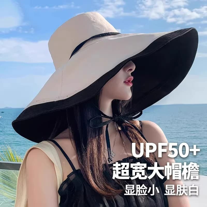 Chapéu de sol de aba grande feminino 2026 novo estilo verão à prova de ultravioleta guarda-sol férias dupla face Wearabl