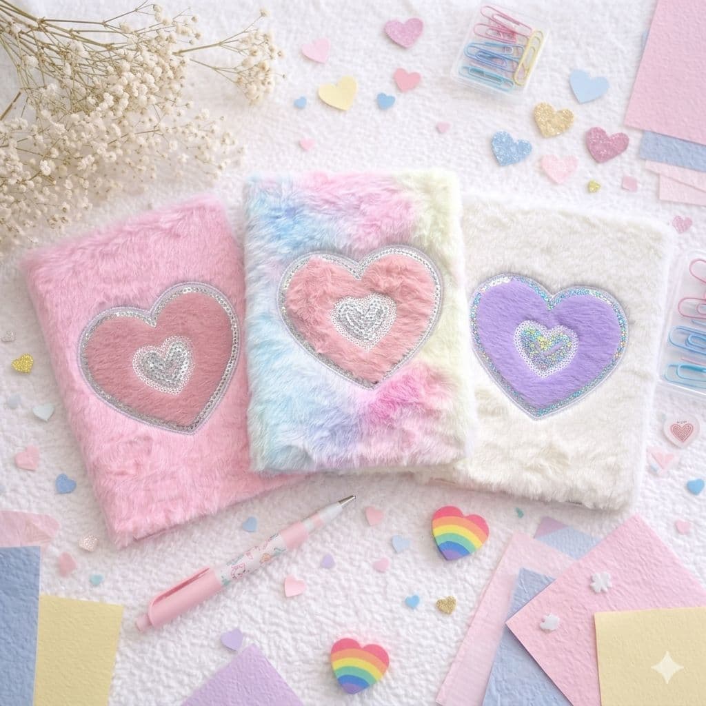 Caderno Pelúcia Feminino A5 – Estilo Fofo com Coração | Ideal para Presente