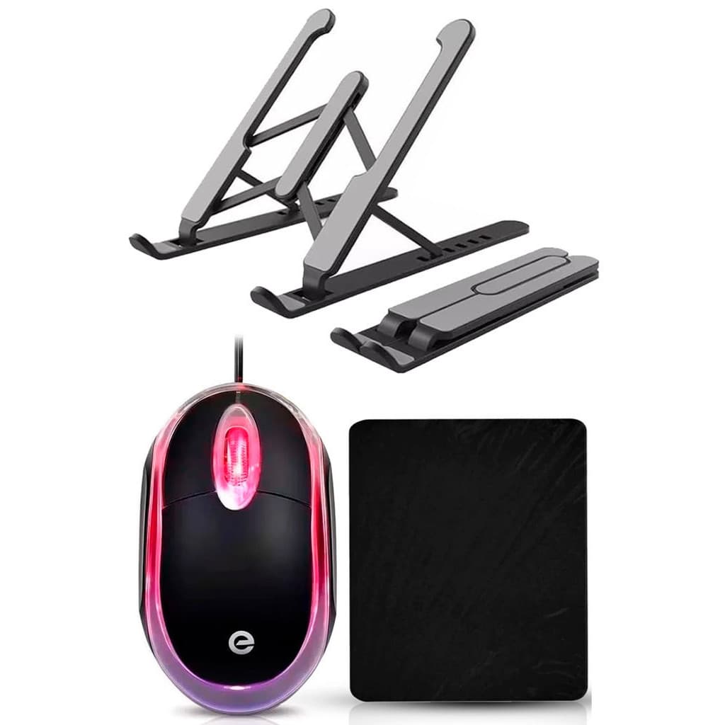 Kit Mouse Usb Óptico Com Fio exbom  + Mouse Pad Pequeno 17x21cm + Base para notebook