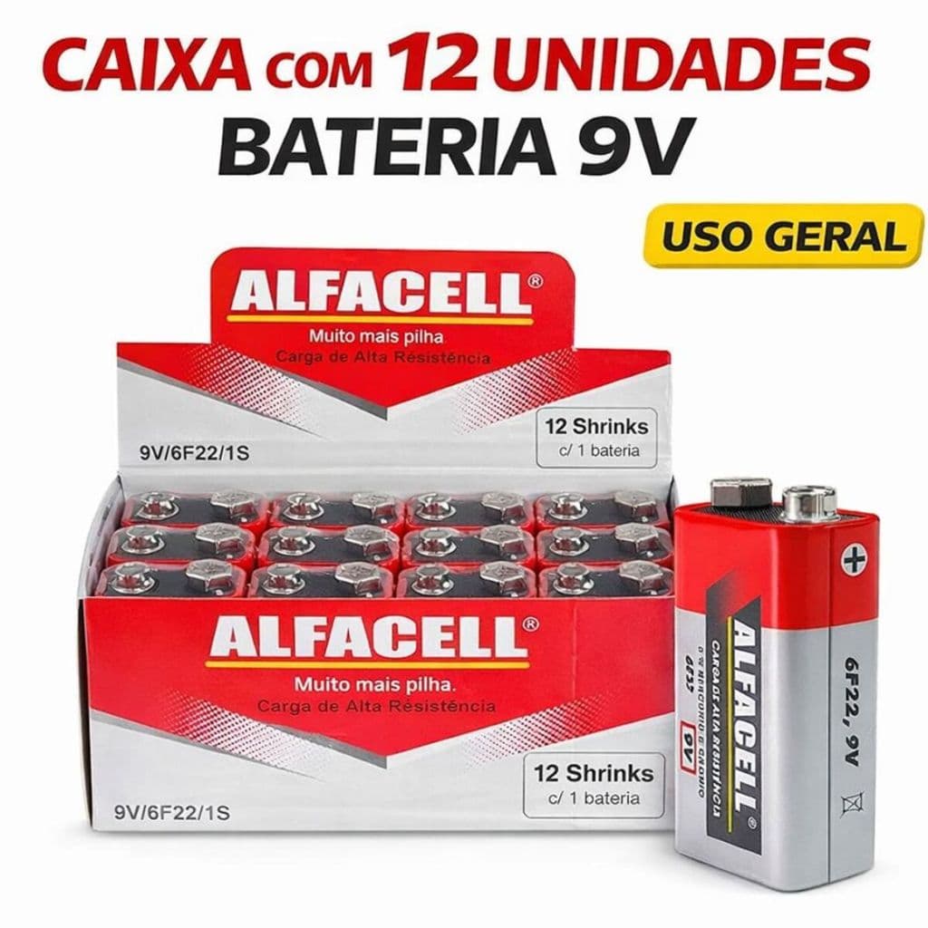 Bateria 9V Caixa com 12 Unidades Alfacell Alta Qualidade Uso Geral Controle Brinquedos