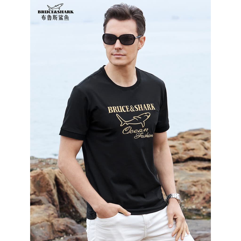 Camiseta masculina de verão de manga curta solta Top fino Bruce Shark tamanho grande Street Wear masculino bordado