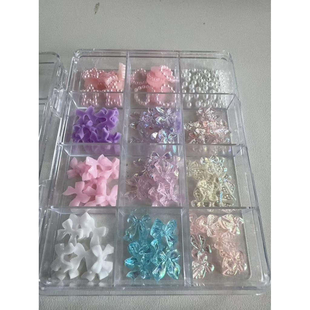 Caixa 12 Grade Resina Bowknot Prego Encantos 3D Colorido Misturado Decoraçõe Da Arte Do Prego Ferramenta Manicure