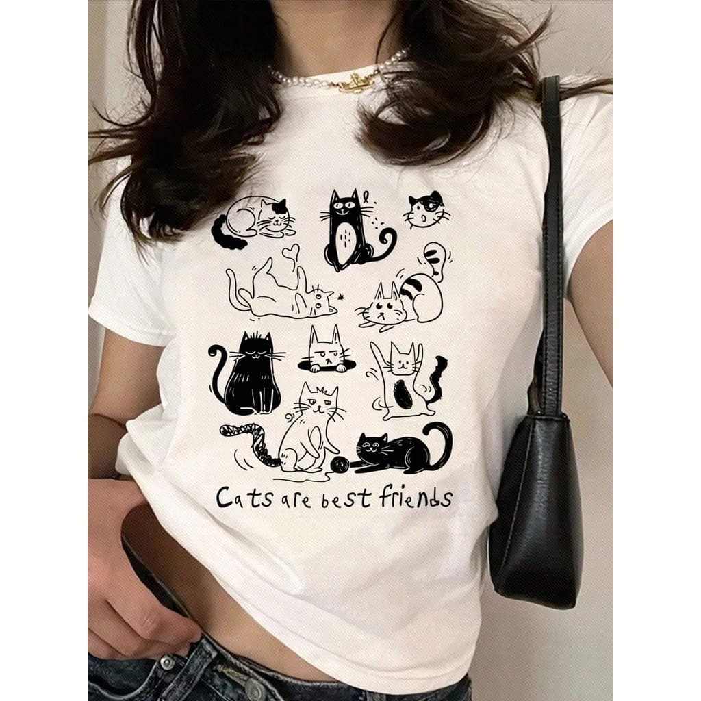 Camisa de Algodão Branca para Mulheres com Desenhos de Gatos Divertidos, Ideal para Ocasiões Causais