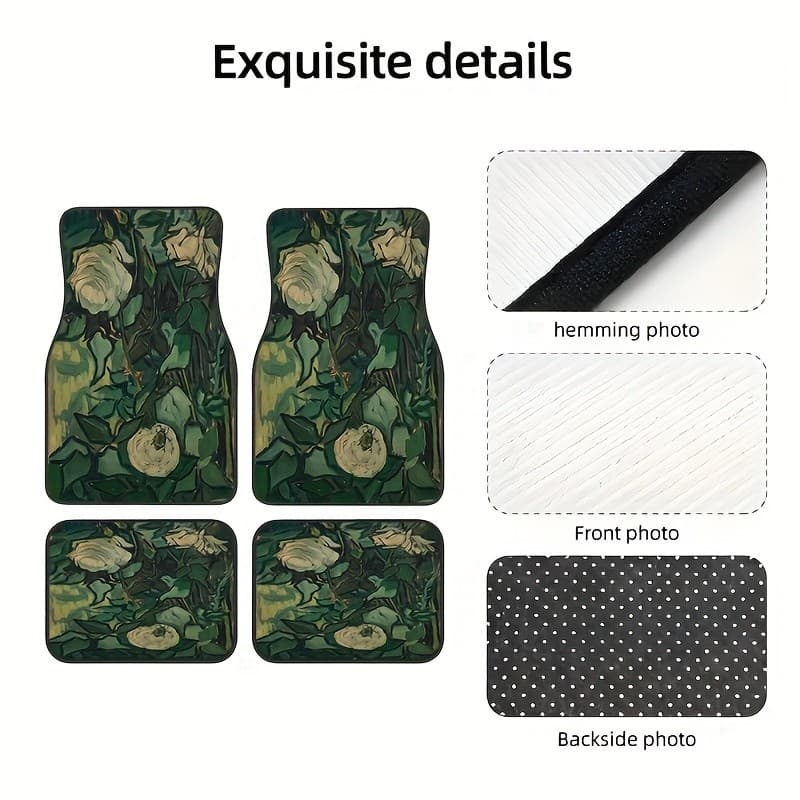 Conjunto De 4 Peças , Tapetes De Borracha De Carro Com Padrão De Estilo De Pintura A Óleo Floral Verde Antiderrapantes U