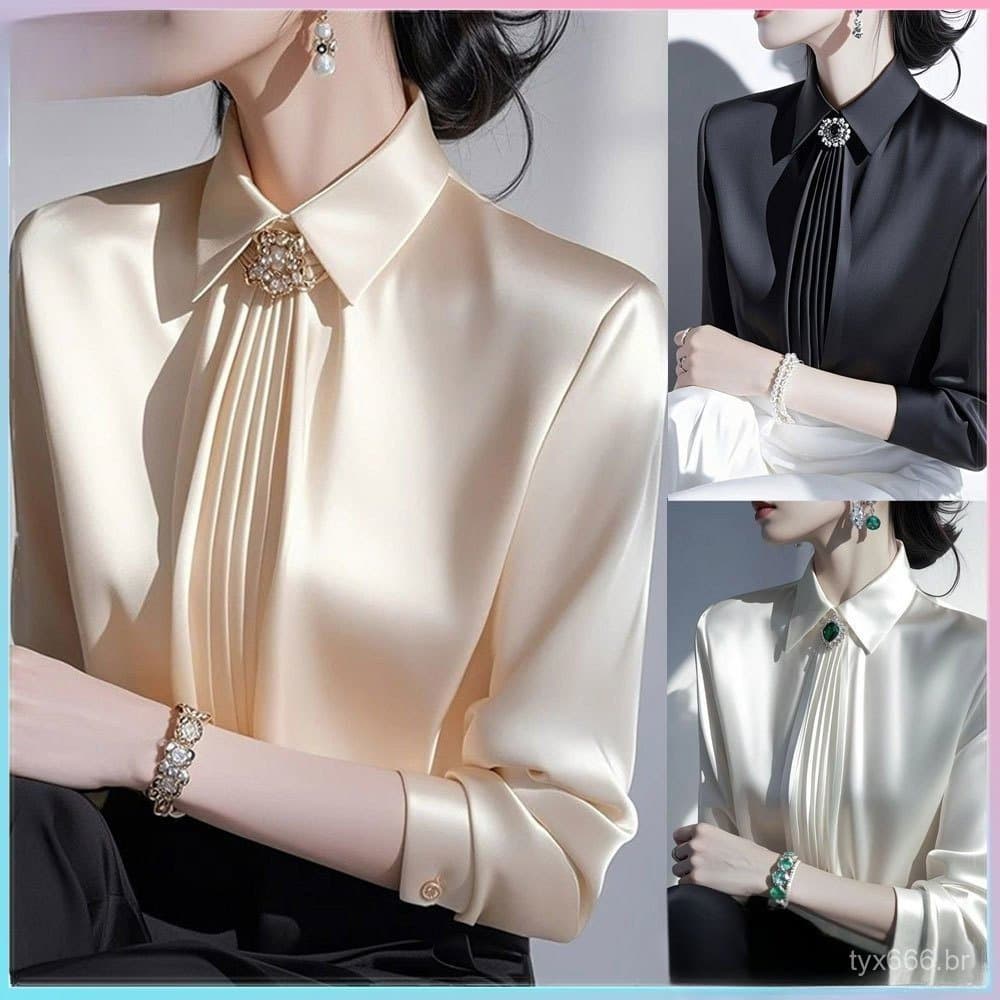 Camisa de cetim cor champanhe, elegante e exclusiva, de estilo urbano de luxo para mulheres de alto padrão