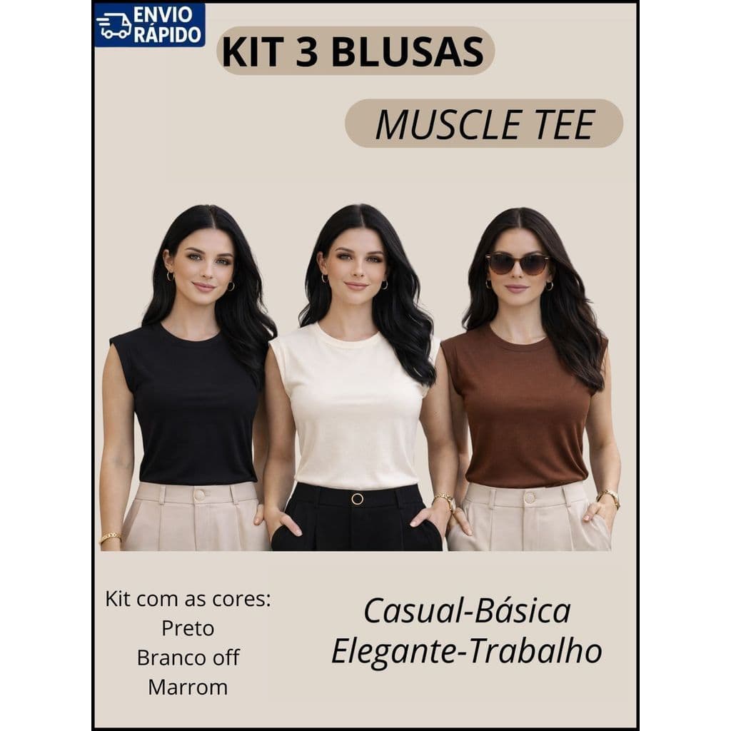 Kit 3 Blusas Muscle Tee Feminina Tendência Moda Chic