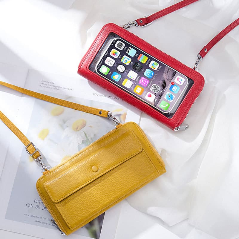 2025 Novo estilo carteira de alta qualidade couro genuíno tela sensível ao toque bolsa para celular feminina transparent