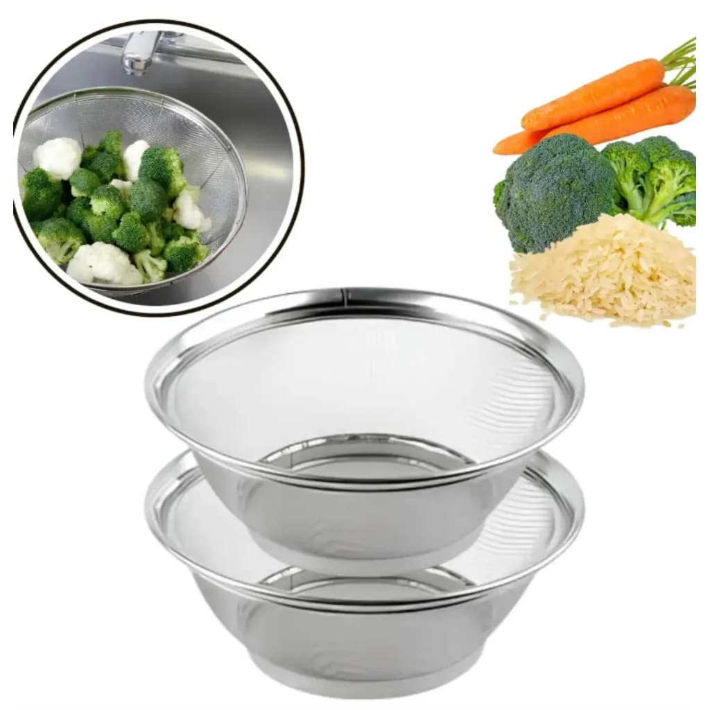 Escorredor de Alimentos em Inox Multiuso  Lava Arroz, Legumes e Verduras com Peneira Resistente e Fácil Limpeza