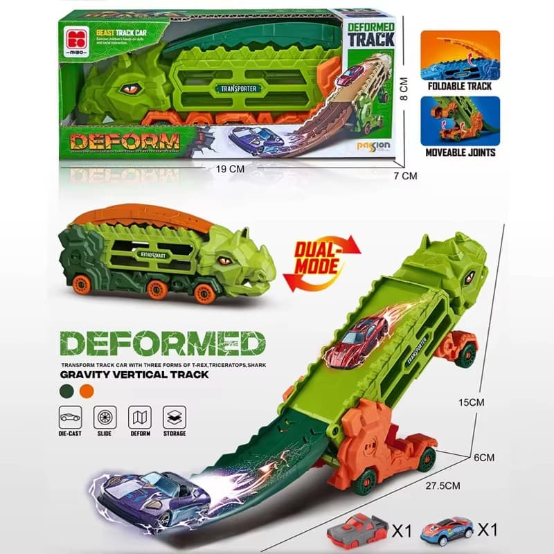 Caminhão Dinossauro com Pista de Corrida Dobrável – Brinquedo Infantil Educativo e Interativo + 2 carrinhos