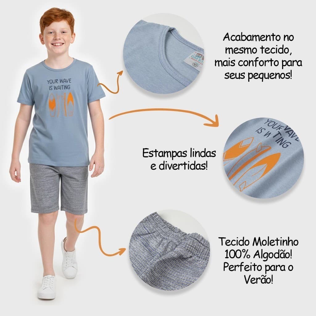Conjunto Infantil Masculino Verão 1 Camiseta Algodão + 1 Bermuda