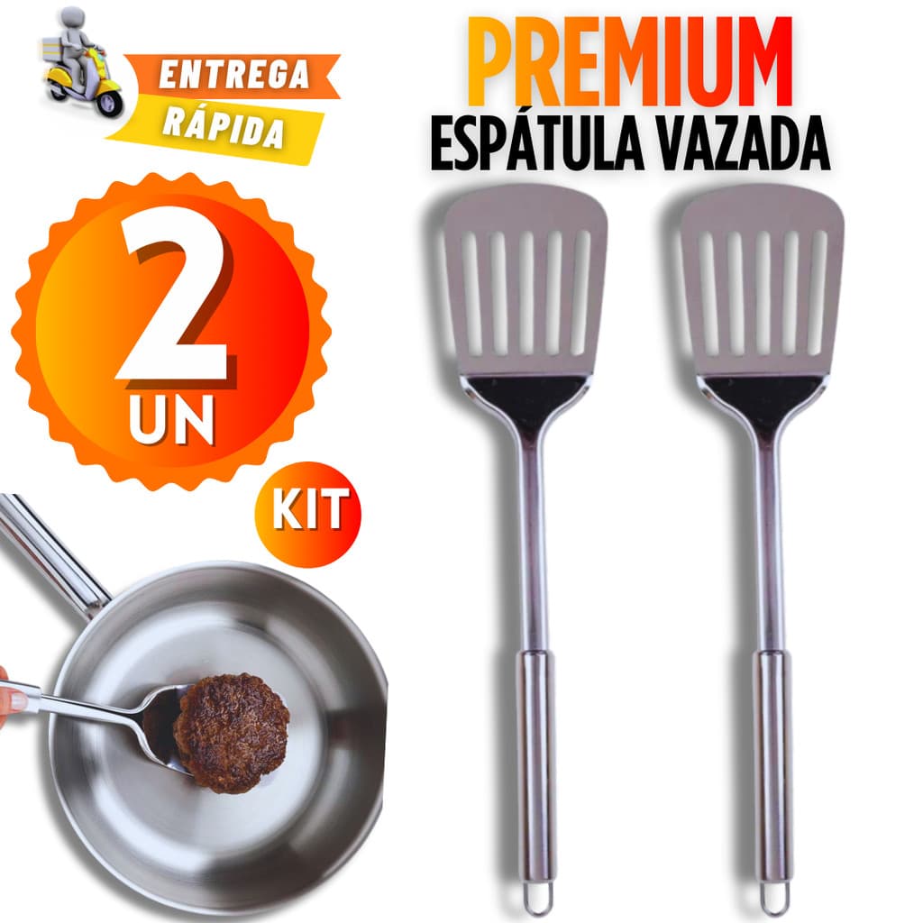 Kit 2 / 1 Espátula Inox Vazada 35CM Para Chapeiro Antiaderente Não Gruda Cozinha Fritura Hamburguer