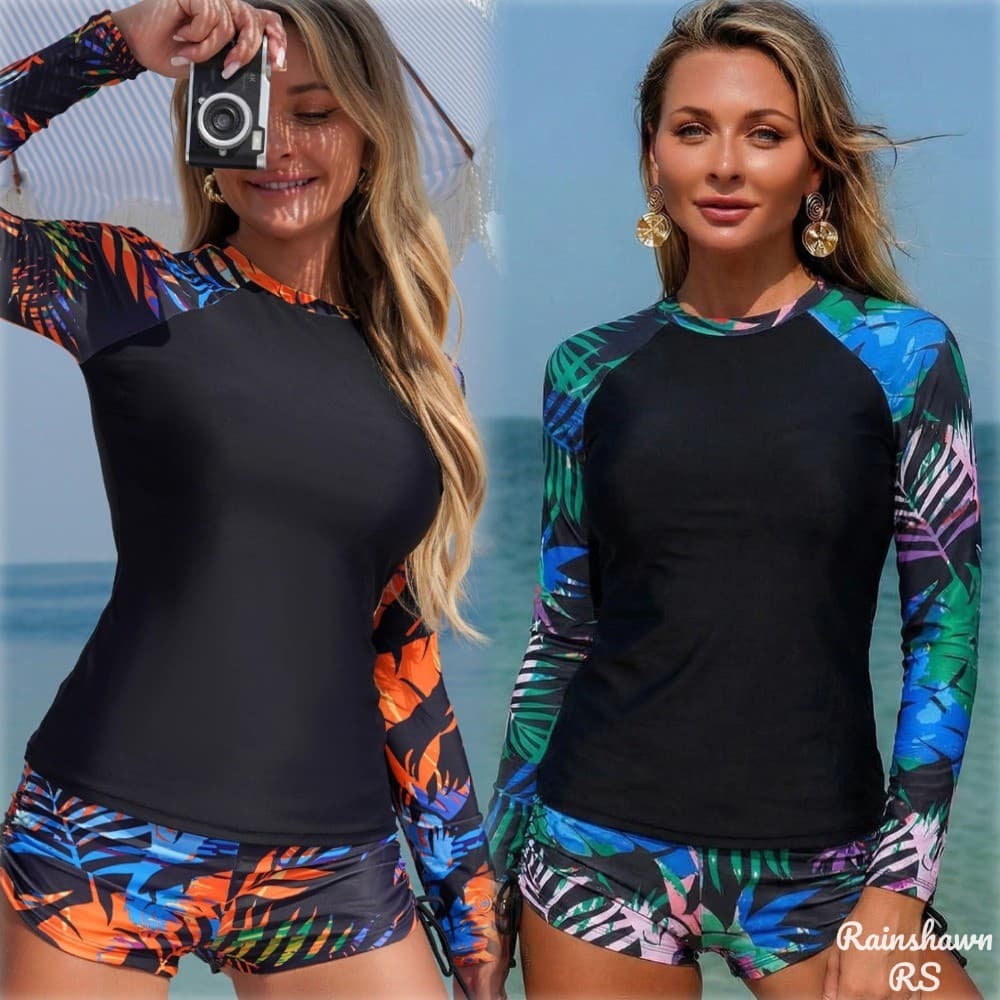 Maiô Feminino Maiô Dividido Shorts Esportivos de Manga Comprida Feminino Praia Roupa De Praia Maio Natação Surf