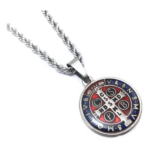 COLAR SÃO BENTO AÇO INOX 2,5CM MEDALHA RESINADA CORRENTE PINGENTE PROTEÇÃO FÉ MASCULINO FEMININO CATÓLICO