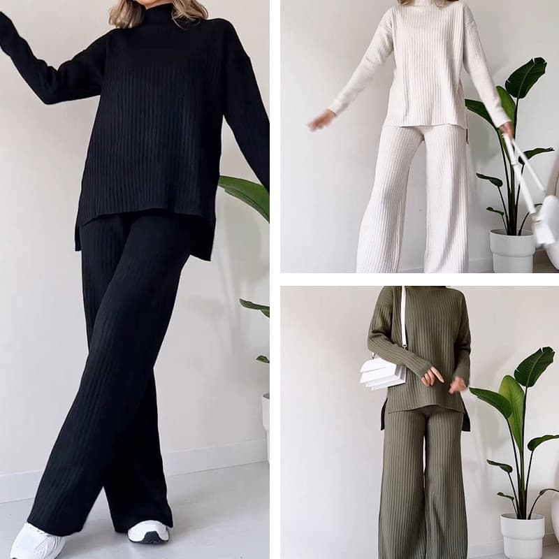 Conjunto feminino de duas peças, com calças retas casuais e um top de malha canelada de gola alta e corte solto